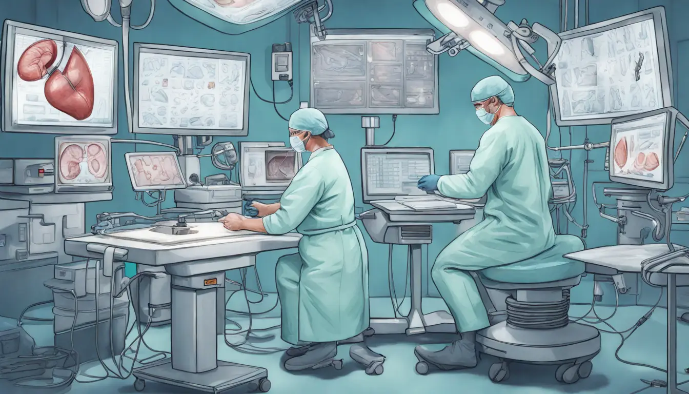Cirurgião em sala de operação iluminada realizando cirurgia bariátrica com instrumentos e monitores ao redor.