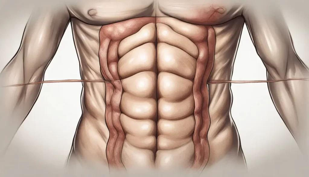 Close-up do abdômen humano com cicatriz cirúrgica visível e ligeira protuberância, indicando hérnia incisional.