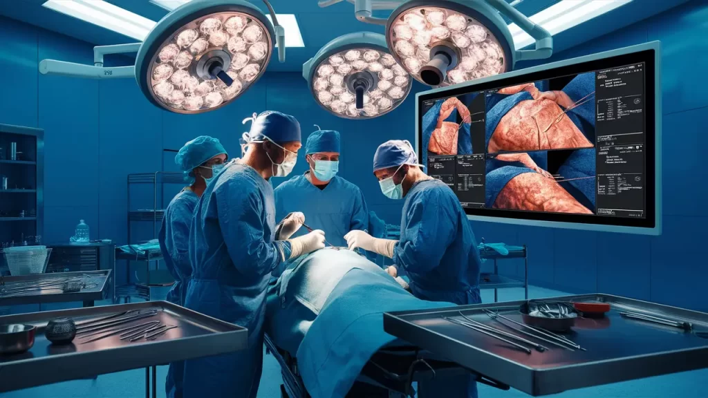 Cirurgiões em sala de operação moderna realizando cirurgia laparoscópica anti-refluxo com monitor exibindo imagens detalhadas.