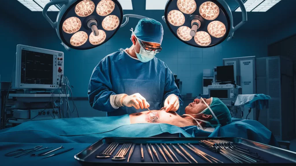 Cirurgião de avental azul realizando cirurgia metabólica em paciente deitado, com instrumentos cirúrgicos ao lado.