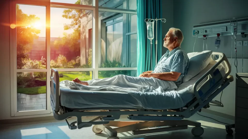 Idoso sentado em cama ajustável de hospital, olhando para jardim ensolarado através de uma janela.