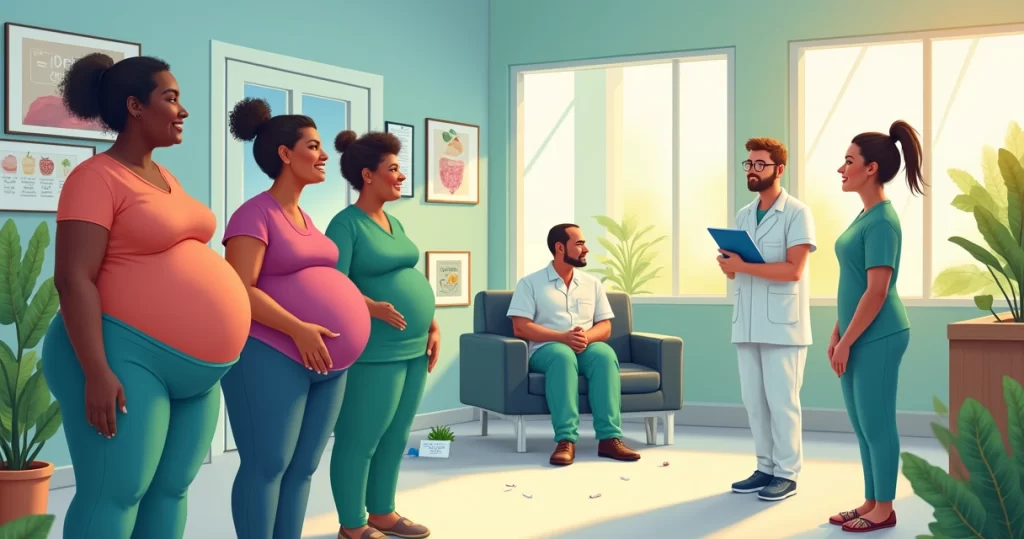 Ilustração de um grupo diverso celebrando a perda de peso após cirurgia bariátrica em uma clínica.