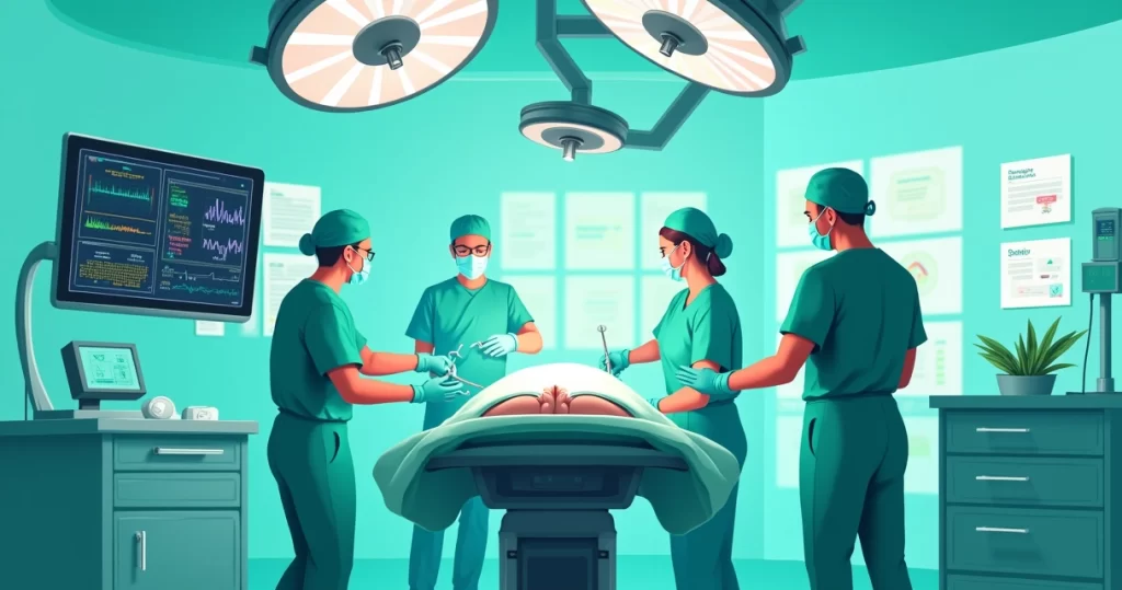 Equipe cirúrgica realizando cirurgia metabólica em uma sala de operação iluminada.