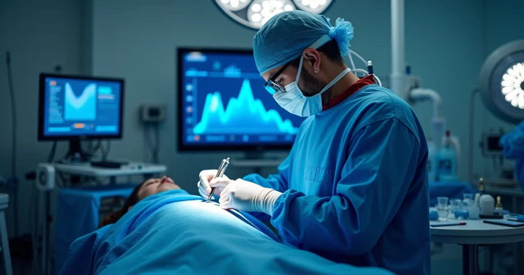 Cirurgia robótica bariátrica com robô, cirurgião, e gráficos de melhoria metabólica em ambiente moderno.