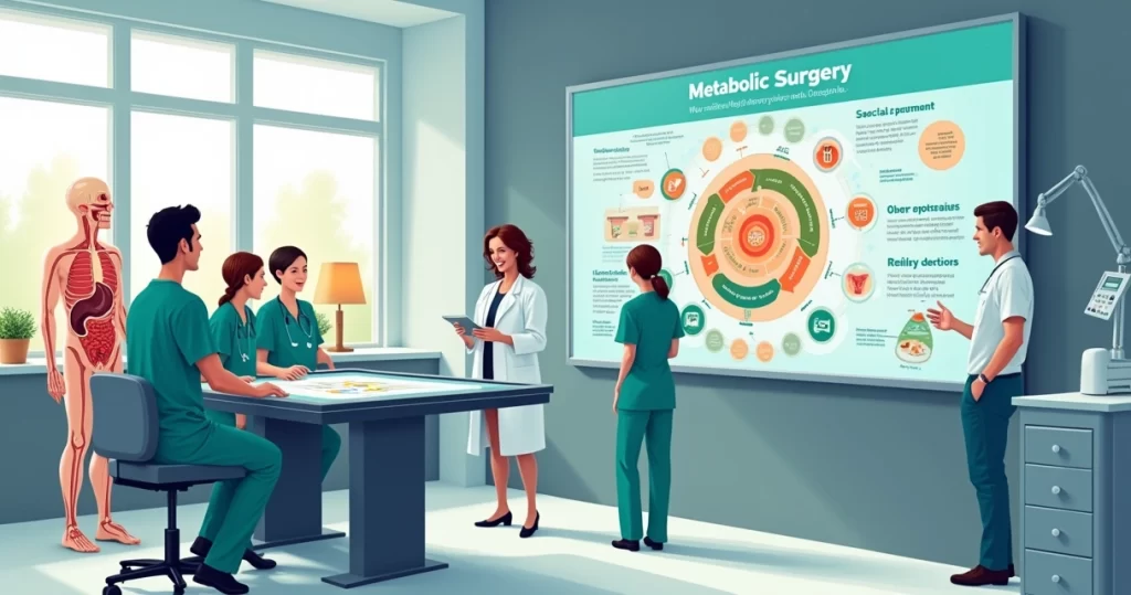 Equipe médica discutindo cirurgia metabólica em consultório moderno, com infográficos sobre saúde ao fundo.