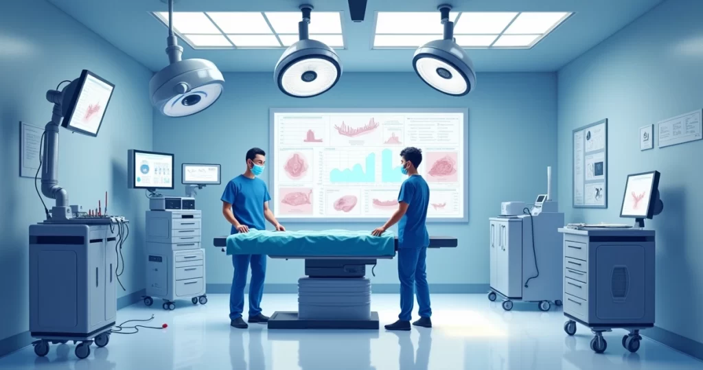 Ilustração de uma sala de cirurgia bariátrica moderna com um cirurgião usando tecnologia avançada.