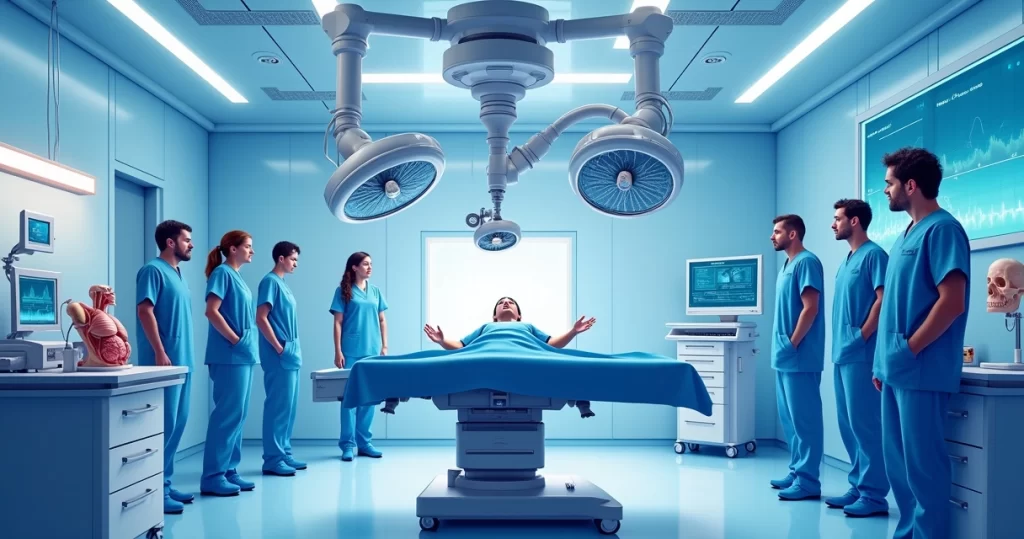Ilustração de uma sala de cirurgia robótica moderna com profissionais observando procedimento de bariátrica.