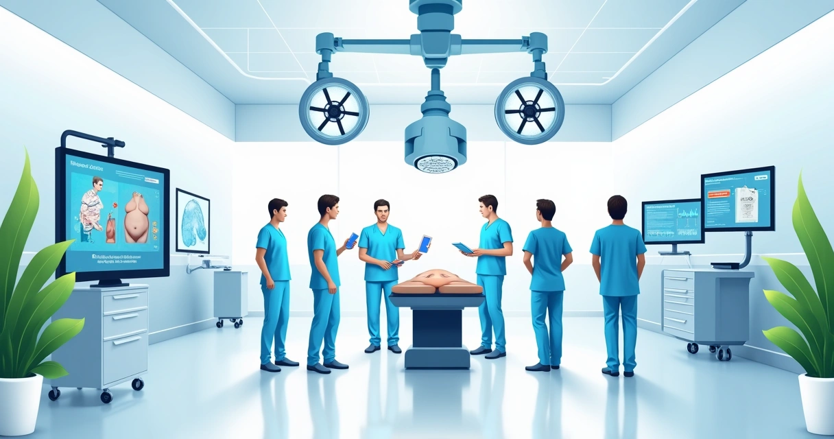 Sala cirúrgica moderna com equipamentos robóticos para cirurgia bariátrica e equipe médica concentrada.