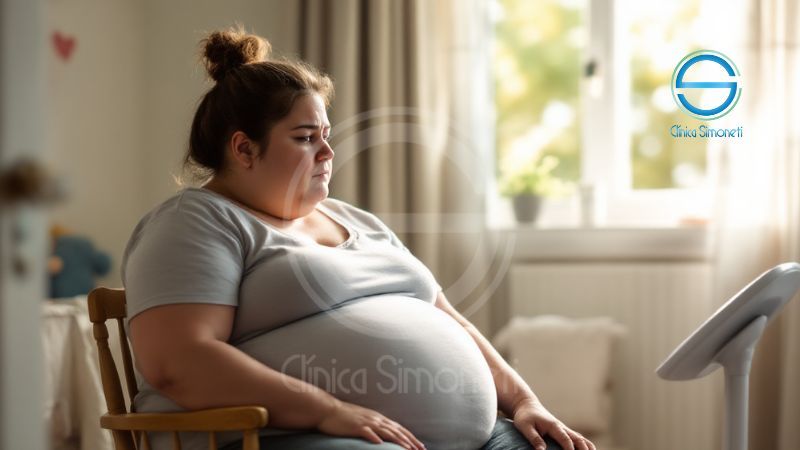 Mulher em sala hospitalar olhando diagrama digital de bypass gástrico próximo a modelo de feto e instrumentos médicos.