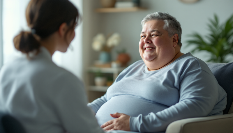 Ilustração corporativa mostrando uma consulta médica para preparação de cirurgia bariátrica com médico explicando procedimentos a paciente