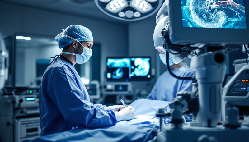 Ilustração corporativa plana mostrando um robô cirúrgico operando com braços mecânicos em um paciente na mesa cirúrgica, com equipe médica estilizada ao fundo e equipamentos tecnológicos ao redor em t