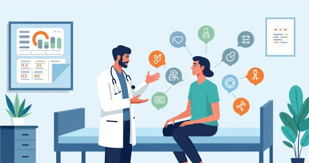 Ilustração corporativa mostrando cuidados pós-operatórios em cirurgia bariátrica com profissional de saúde orientando paciente sobre erros comuns