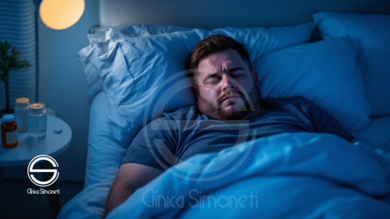 Ilustração corporativa plana mostrando uma pessoa com sobrepeso deitada em cama, com símbolos de insônia e apneia do sono ao redor