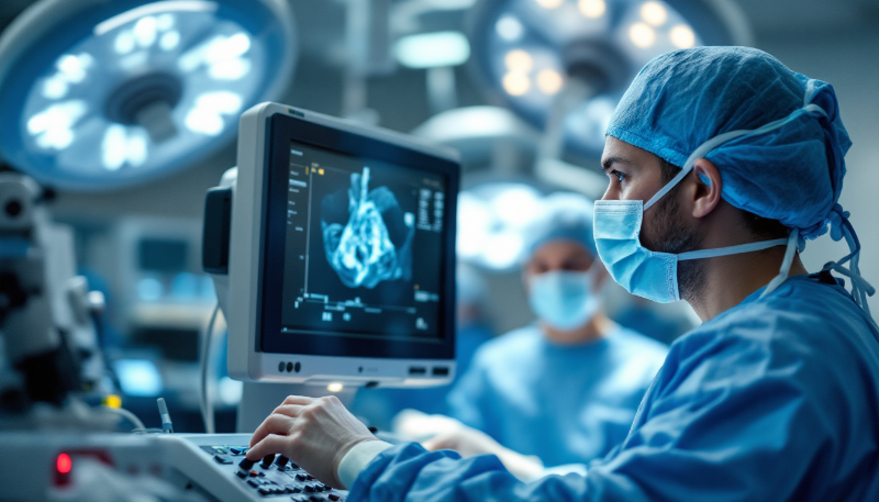 Médico operando máquina de cirurgia robótica em um ambiente hospitalar