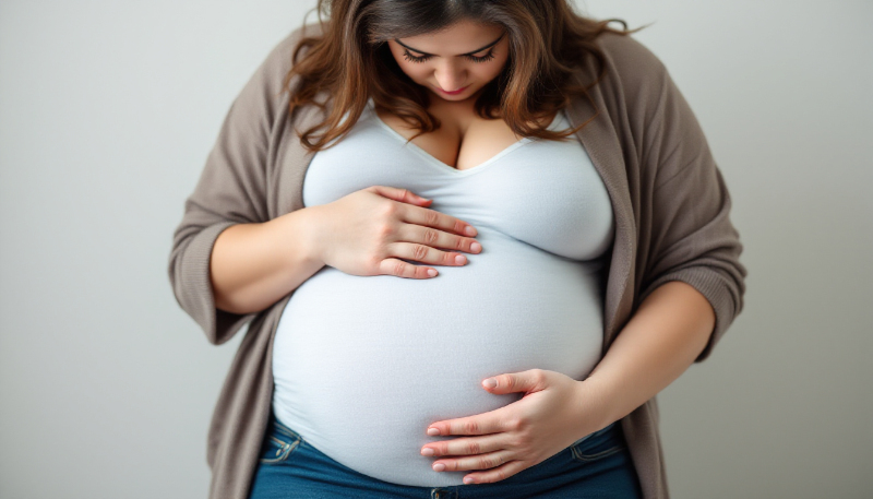 Imagem mostrando gestante com sobrepeso rodeada por ícones de riscos à saúde na gravidez